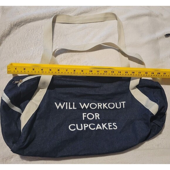 Will Workout For Cupcakes Denim Blue Duffel Gym Travel Bag Carry On Zip Close - Picture 2 of 5